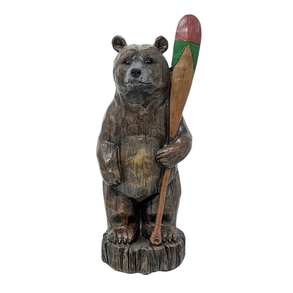 Standing Bear with Paddle Figurine – Rustic Resin Bear Statue with Faux Wood-Carved Look – Cabin, Lodge, or Lake House Décor Accent – Charming Forest Wildlife Gift for Outdoor and Nature Lovers