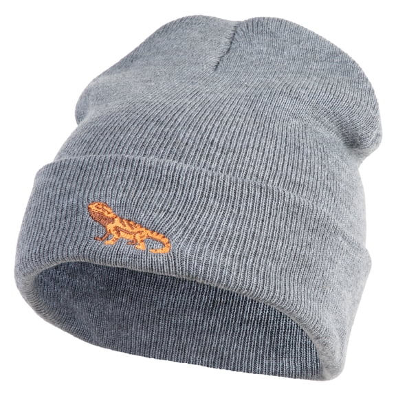 Standing Bearded Dragon Embroidered Super Stretch Knit Watch Cap Beanie - Light Grey OSFM
