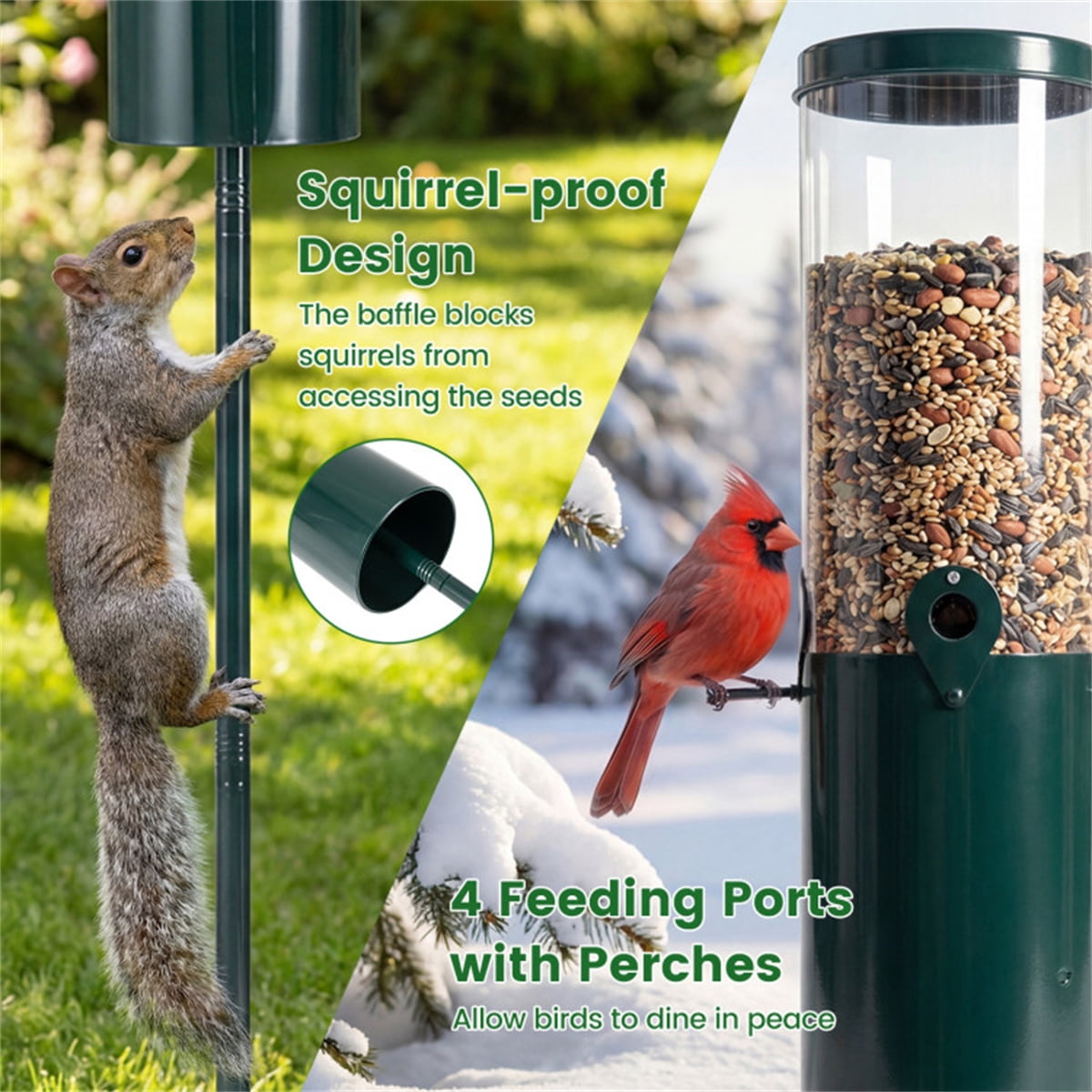 Standing Bird Feeder 51in Green Squirrel Proof Metal PC 4Feeding Ports Perches Heavy Duty 10lbs Capacity 1.3Gal Tube Drainage Holes Waterproof Easy Clean Prong Base Pole Outdoor Garden Patio Porch