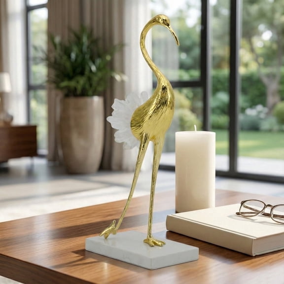 Standing Bird Sculpture with Marble Base for Home and Office Decor - Tabletop Accent for Living Room, Bathroom Counter, and Shelf - Animal Ornament for Coffee Table Decor - 12", White & Gold