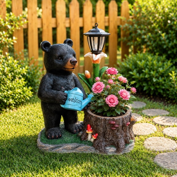 Standing Black Bear Garden Planter with Decorative Solar Lantern - Whimsical Polyresin Wildlife Flower Pot for Porch & Patio Decor