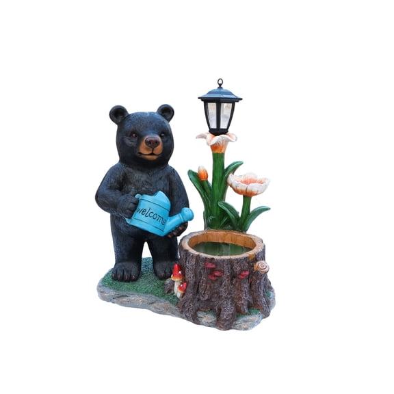Standing Black Bear Garden Planter with Solar Lantern, 27.17"16.54"27.56" Resin Decor