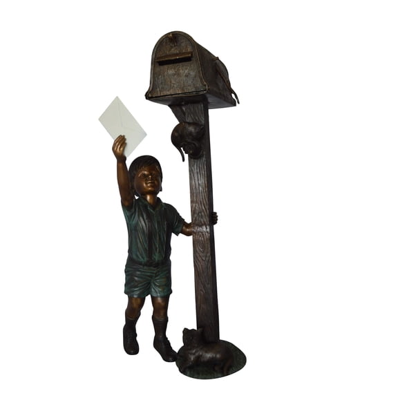 Standing Boy by Mailbox with Two cats Bronze Statue - 23"x 19"x 50"H.