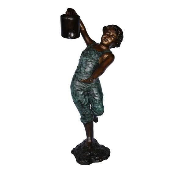 Standing Boy with Watering Can Bronze Statue - Size: 15"L x 15"W x 39"H.