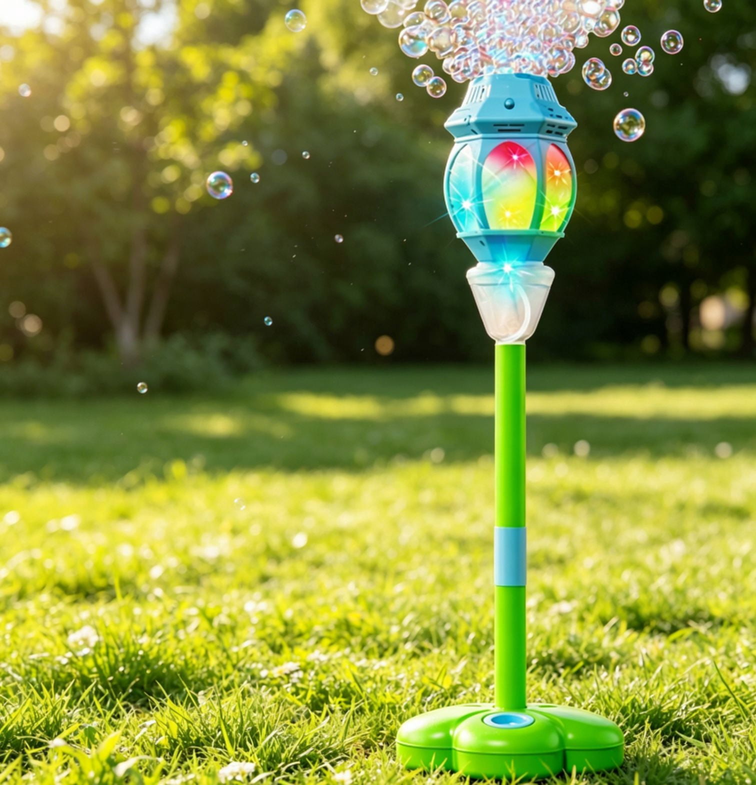 Standing Bubble Machine for Kids, Height Adjustable Up to 37 Inches, Remote Control Automatic Bubble Maker with Light & Music for Birthday Party Gift Blue A5