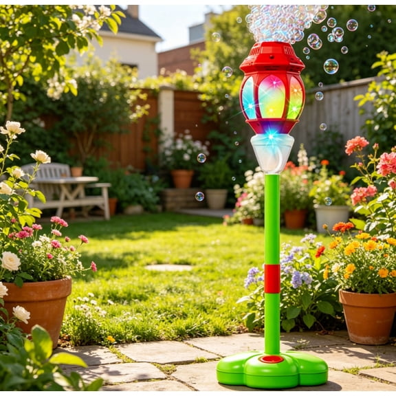 Standing Bubble Machine for Kids, Height Adjustable Up to 37 Inches, Remote Control Automatic Bubble Maker with Light & Music for Birthday Party Gift Red A5