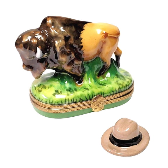 Standing Buffalo Removable Cowboy Hat Limoges Box Gift Limoges Box Porcelain Figurine