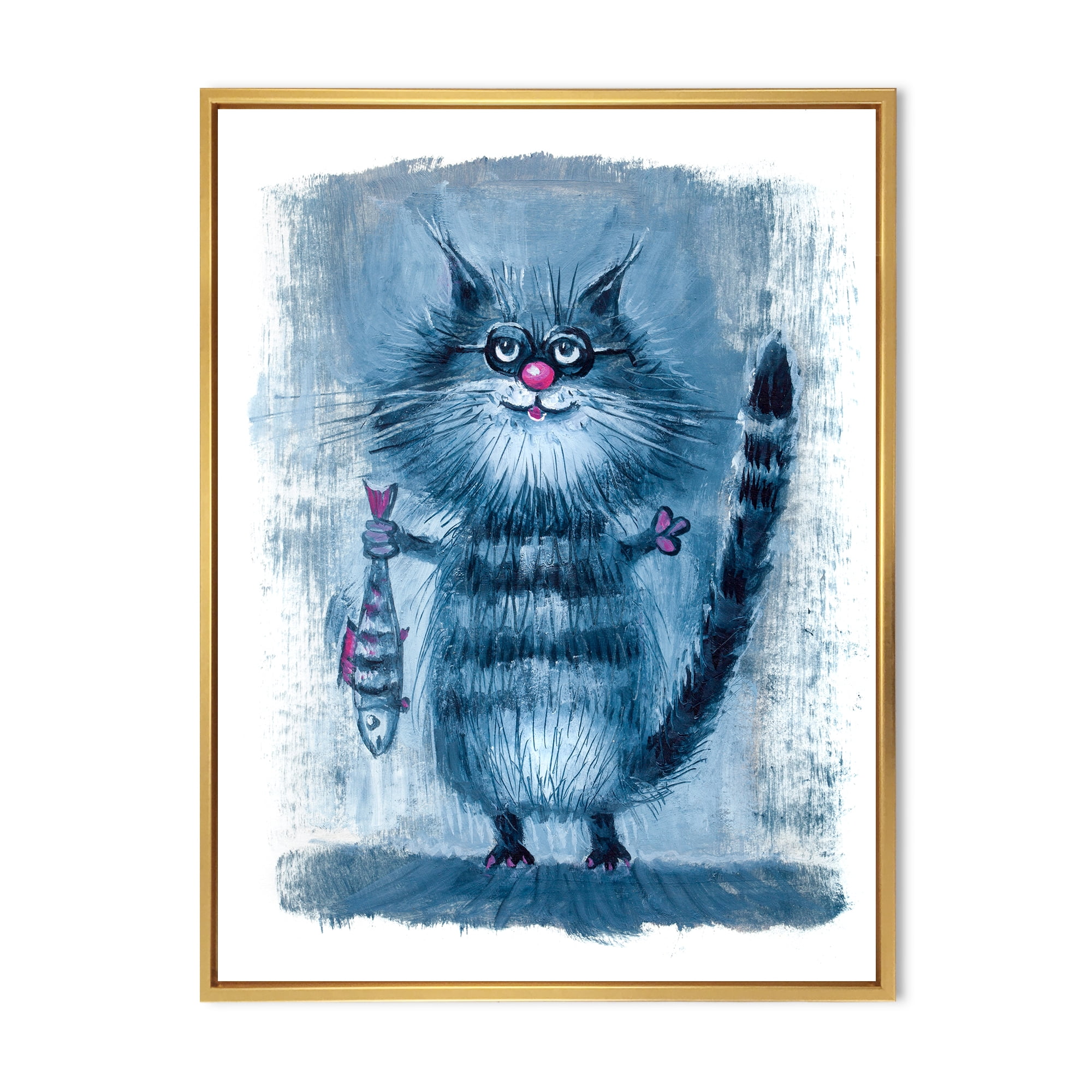 Standing Cat Holding A Fish In Its Claws 16 in x 32 in Framed Painting Canvas Art Print, by Designart