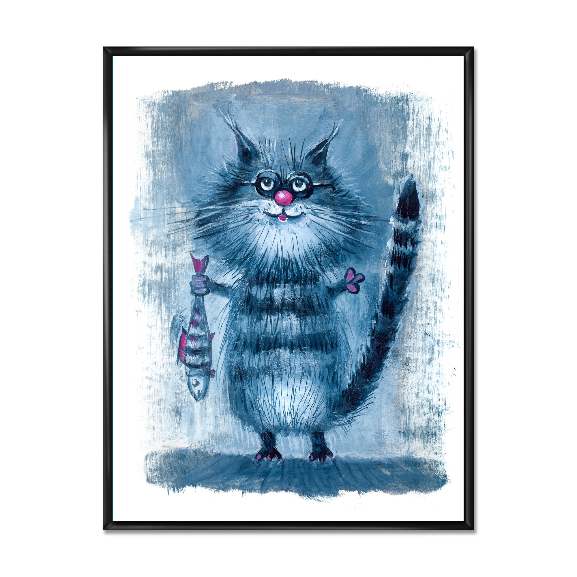 Standing Cat Holding A Fish In Its Claws 16 in x 32 in Framed Painting Canvas Art Print, by Designart
