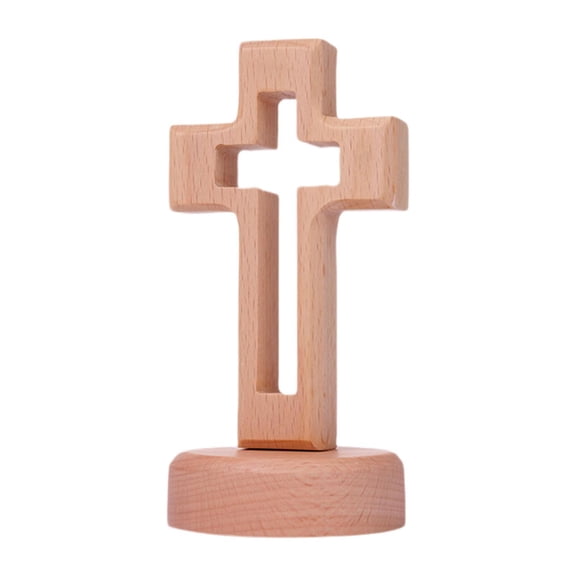 Standing Catholic Cross Wooden Ornament with Elegant Round Base for Home Shelf Decor and Christmas Parties
