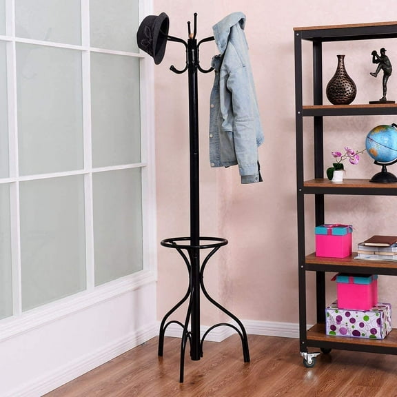Standing Coat Rack, Metal Frame, Study Portable Free Standing Entryway Hat Coat Jacket Umbrella Holder, Hanger with Base Coat Tree Stand, Black