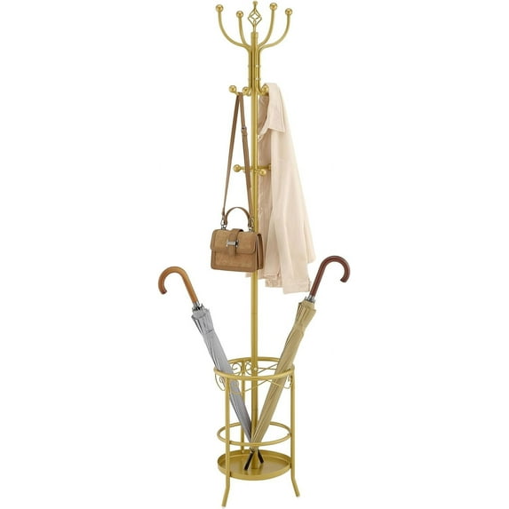 Standing Coat Rack with Umbrella Holder, Freestanding Coat Hanger Stand with Umbrella Stand, Entryway Coat Rack with 12 Hooks to Hold Clothes, Coat Tree for Living Room Bedroom Office, Gold
