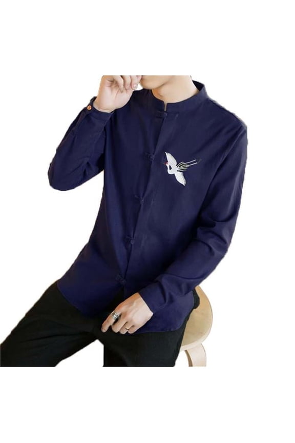 Standing Collar Cotton & Linen Chinese Long Sleeve Kungfu Cloth Men Shirt, Dark Blue