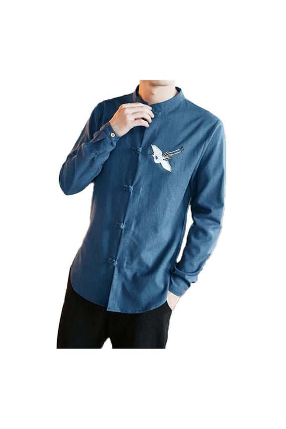 Standing Collar Cotton & Linen Chinese Long Sleeve Kungfu Cloth Men Shirt, Denim Blue