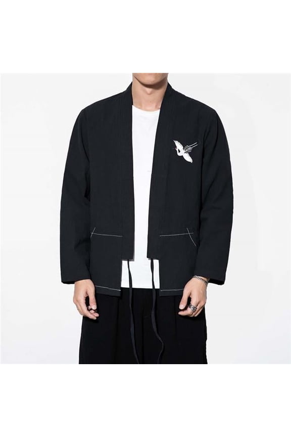 Standing Collar Cotton & Linen Chinese Long Sleeve Kungfu Cloth Mens Shirt, Black