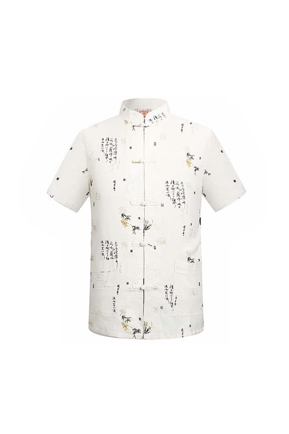 Standing Collar Cotton & Linen Chinese Short Sleeve Kungfu Cloth Men Shirt, Brige
