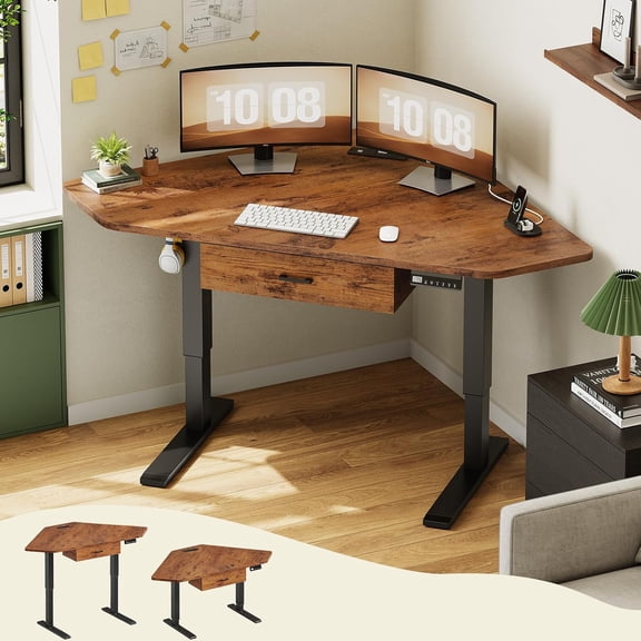 Standing Corner Desk with Drawer, Small Stand Up Desk with Power Outlets, Triangle Computer Desk for Home Office, Gaming Desk, Writing Desk, Rustic Brown