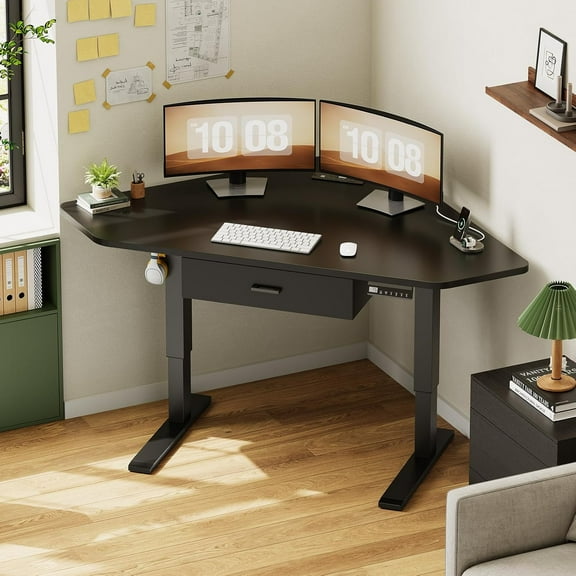 Standing Corner Desk with Drawer, Small Stand Up Desk with Power Outlets, Triangle Computer Desk for Home Office, Gaming Desk, Writing Desk, Black