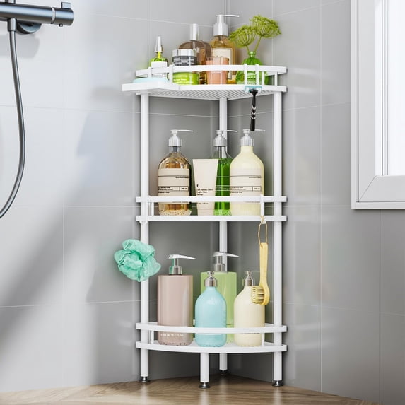 Standing Corner Shower Caddy - 3 Tier Shower Organizer Corner with Soap Holder and 4 Hooks, Rustproof Bathroom Storage Shelves with Adhesives, White