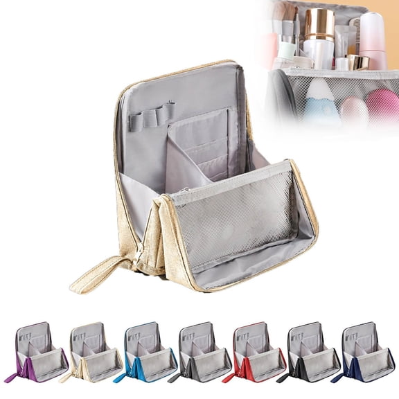Standing Cosmetic Bag Organizer - Large Travel Makeup Bag with Multiple Compartments for Beauty Supplies Storage Portable Functional Makeup Case for Home & Vacation