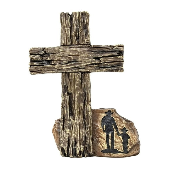 Standing Cross Cowboy and Kid - Rustic Western Faith Décor in Resin - Symbol of Strength, Guidance & Family Bond - Resin Religious Figurine - Inspirational Religious Accent Piece