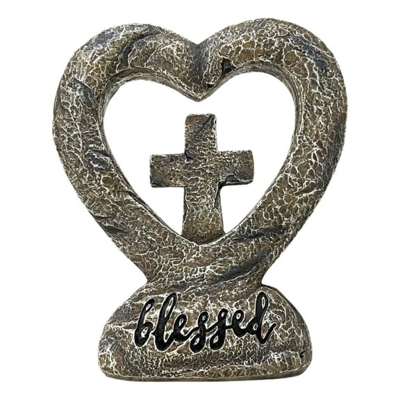 Standing Cross in Heart – Rustic Resin Religious Decor – Inspirational Faith Figurine for Home Display – Perfect Spiritual Gift for Encouragement