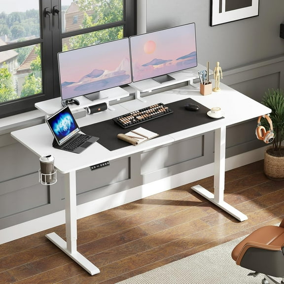 Standing Desk with 2 Adjustable Monitor Shelves, 63 x 24 Inch Electric Stand Up Desk with Memory Controller and Adjustable Height from 28-46 inches for Computer Workstations, All White