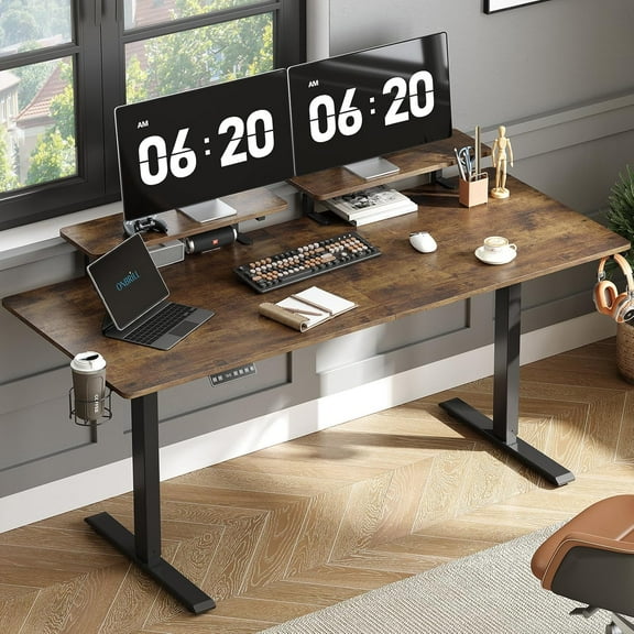 Standing Desk with 2 Adjustable Monitor Shelves, 71 x 24 Inches Electric Stand Up Desk with Memory Controller and Adjustable Height from 28-46 inches for Computer Workstations, Rustic Brown