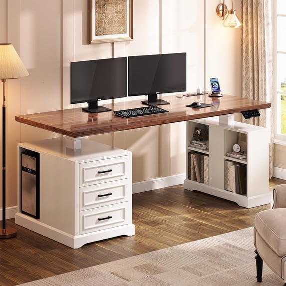 Sedeta White standing desk with 3 wood drawers, farmhouse computer desk with power outlets and open shelves