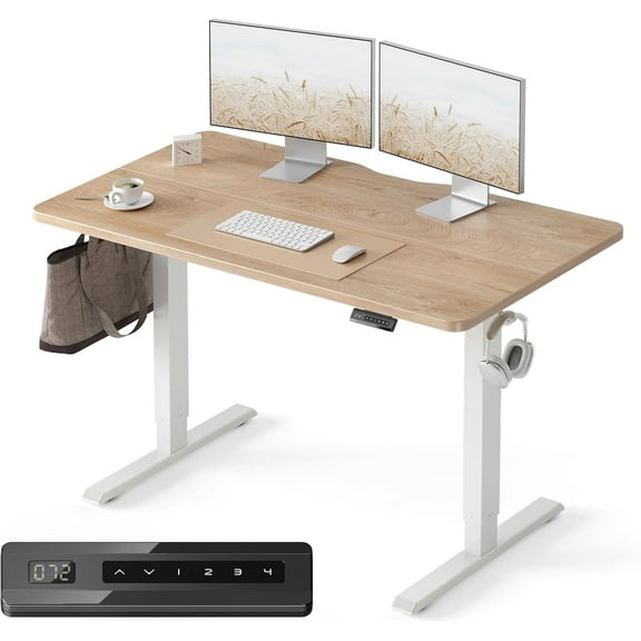 Standing Desk, 48 24 Inches Electric Height Adjustable, Sit and Stand Up, Computer Office Desk with Splice Board, White Frame/Maple TOP