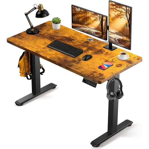 Standing Desk, 48 x 24 inches Electric Height Adjustable Desk, Sit Stand up Desk, Memory Computer Home Office Gaming Desk with 3 Preset Heights, Wood Table Cable Management Box, Brown