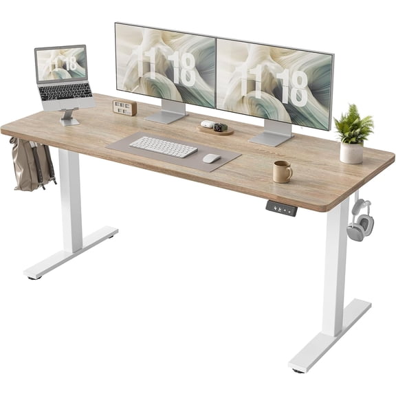 Standing Desk 63 x 24 inch, Electric Height Adjustable Desk with Splice Board, Sit Stand Desk Computer Table for Home Office, White Frame/Maple Top