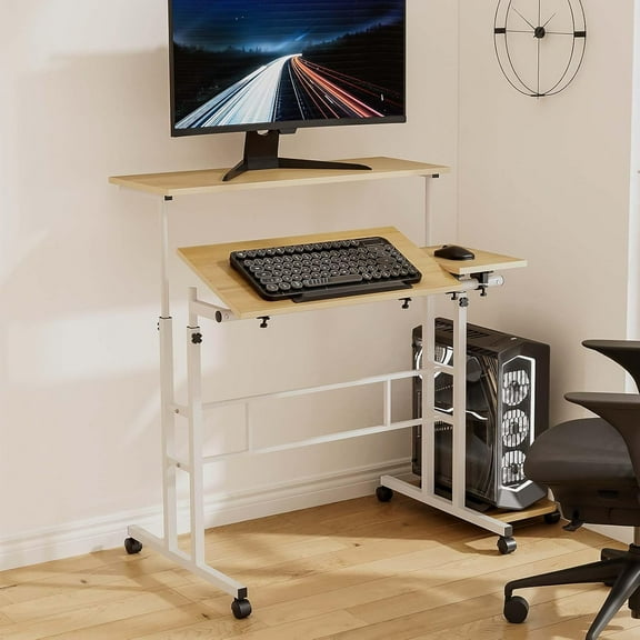 Standing Desk - Adjustable Height & Angle, Sit-Stand Workstation with Wheels, Mouse & PC Tower Tray, Natural