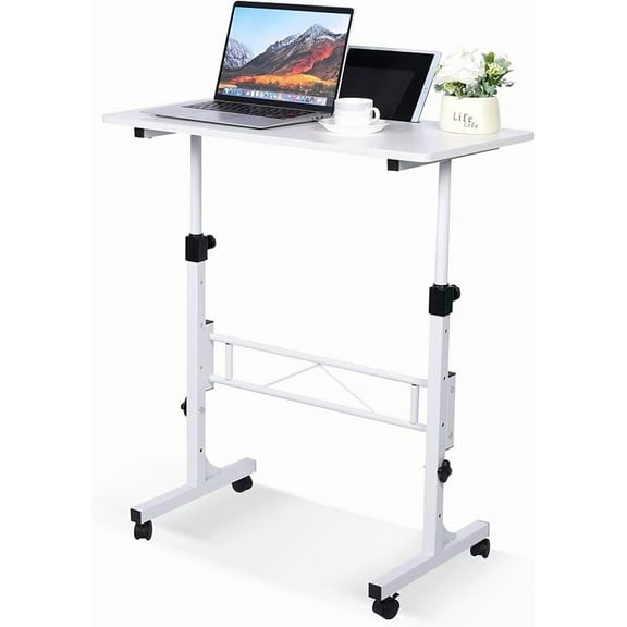 Standing Desk Adjustable Height, Mobile Stand Up Desk with Wheels Small Computer Desk Rolling Desks, Portable Laptop Desk White Standing Table Home Office Desks 16"x31.5" Height 27"-43.5"