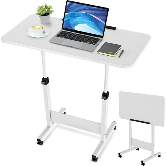 Tiltable Foldable Standing Desk Adjustable Height, Portable Computer Desk with Wheels, Mobile Sit Stand Small Rolling Laptop Table for Walking Pad, Bike Trainer, White