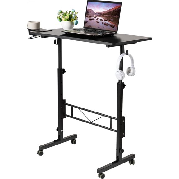 Standing Desk Adjustable Height, Small Mobile Table with Wheels, Rolling Desk for Standing or Sitting, Portable Computer Desk for Walking Pad, Black