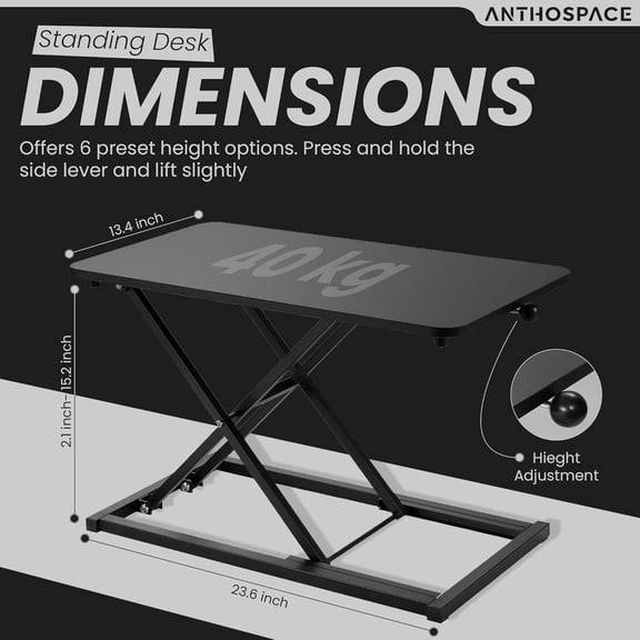 Standing Desk Converter 23.6" x 13.4", Adjustable Height 2.4"15.7", Sit Stand Converter with Sturdy Steel Frame, Ergonomic Standing Desk Topper & Monitor or Laptop Riser for Home Office