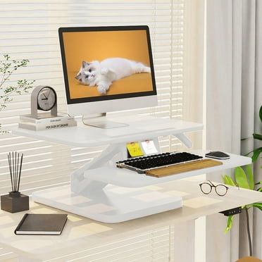 Standing Desk Converter 25 inch, Small Stand up Desk Riser, Height Adjustable Desktop Riser with Keyboard Tray for Monitor, White