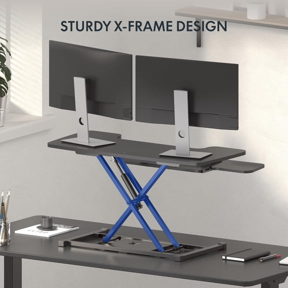 Standing Desk Converter 28" Wide Height Adjustable Sit Stand Riser, Small Size Desktop Workstation with Keyboard Tray for Home and Office, Black