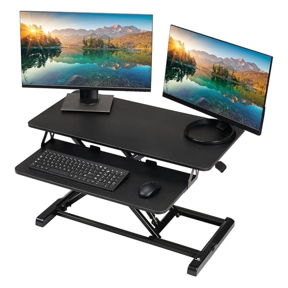 Standing Desk Converter - 32 Inch Adjustable Sit to Stand Up Workstation, Particle Board, Dual Monitor Desktop Riser with Keyboard Tray, for Home Office Laptop, Black 32"