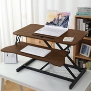 Standing Desk Converter, 32 Inch Standing Desk Adjustable Height for Table Tops and Home Office, Desk Riser Computer Workstation with Wide Keyboard Tray 2-Tier Desktop, Walnut Color