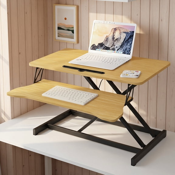 Standing Desk Converter, 32 Inch Standing Desk Adjustable Height for Table Tops and Home Office, Desk Riser Computer Workstation with Wide Keyboard Tray 2-Tier Desktop, Natural Wood