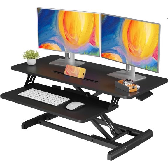 Standing Desk Converter, 35" Wide Height Adjustable Sit Stand Up Riser with Keyboard Tray, Desktop Workstation for Home Office Computer Laptop, Particle Board, Black