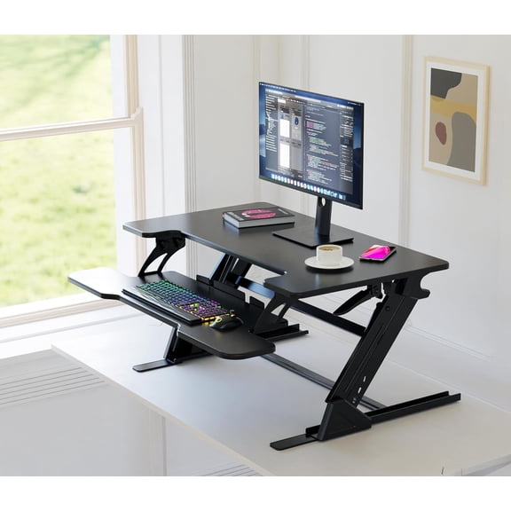 Standing Desk Converter 36 x 24 Inches - Height Adjustable Sit to Stand Riser with Keyboard Tray, Ergonomic Workstation for Home Office, Black