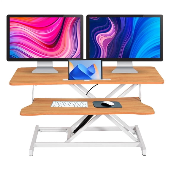 Standing Desk Converter 37 Inch, Height Adjustable Stand Up Desk Riser, Manual Gas Spring Desktop for Home Office(Log Color)