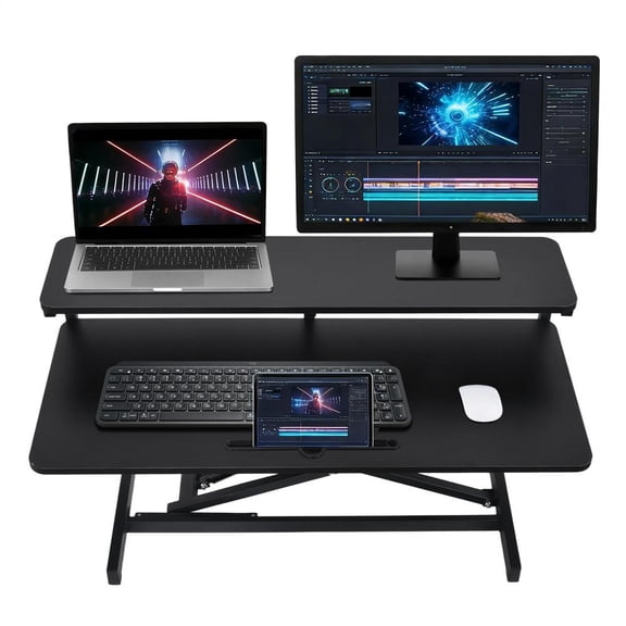 Standing Desk Converter 37" Wide, Height Adjustable Desk Lifter for Home Office Computer, Sit Stand Up Tabletop Riser for 2 Monitor Workstation, Black