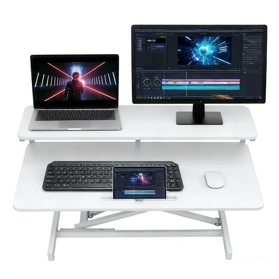Standing Desk Converter 37" Wide, Height Adjustable Desk Lifter for Home Office Computer, Sit Stand Up Tabletop Riser for 2 Monitor Workstation, White