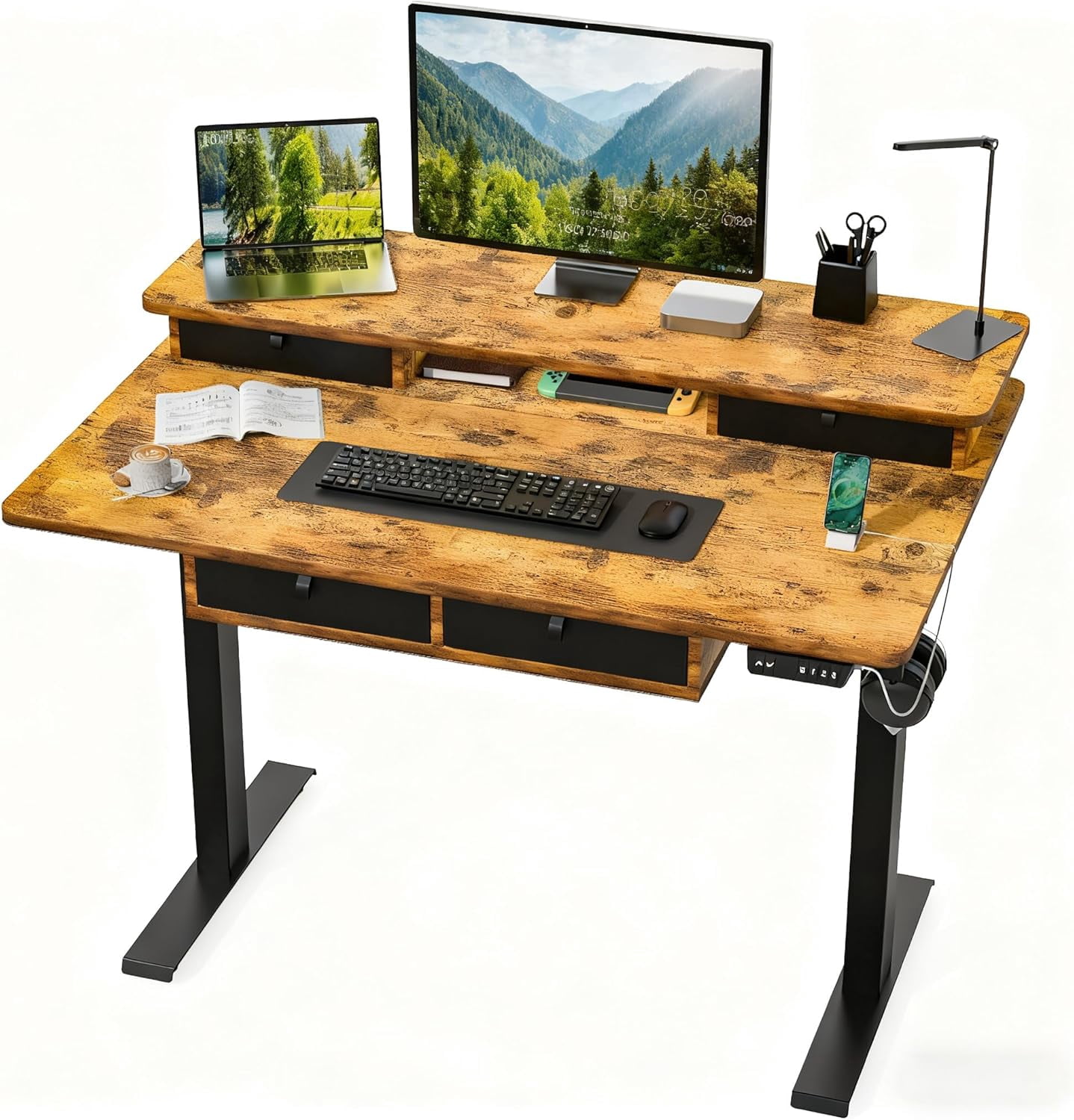 Standing Desk with Fast Charging USB Ports, 48" x 30" Width Worktop Desk, 4 Drawers Ergonomic Sit Stand Desk for Home Office Work, Cable Management, 3 Preset Heights & 2 Hooks(Rustic Brown)