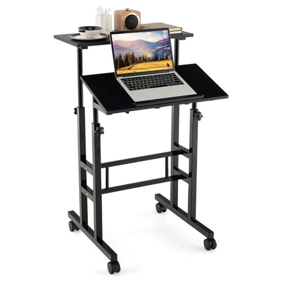 Standing Desk, Height Adjustable Sit-Stand Desk with Tiltable Desk Top, Rolling Laptop Stand & Workstation, Mobile Stand up Computer Desk on Wheels for Small Spaces, Home & Office (Black)