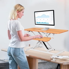 Standing Desk Riser 37 Inch, Height Adjustable Desk Converter with Keyboard Tray, Manual Gas Spring Sit Stand Workstation for Home Office(Brown)